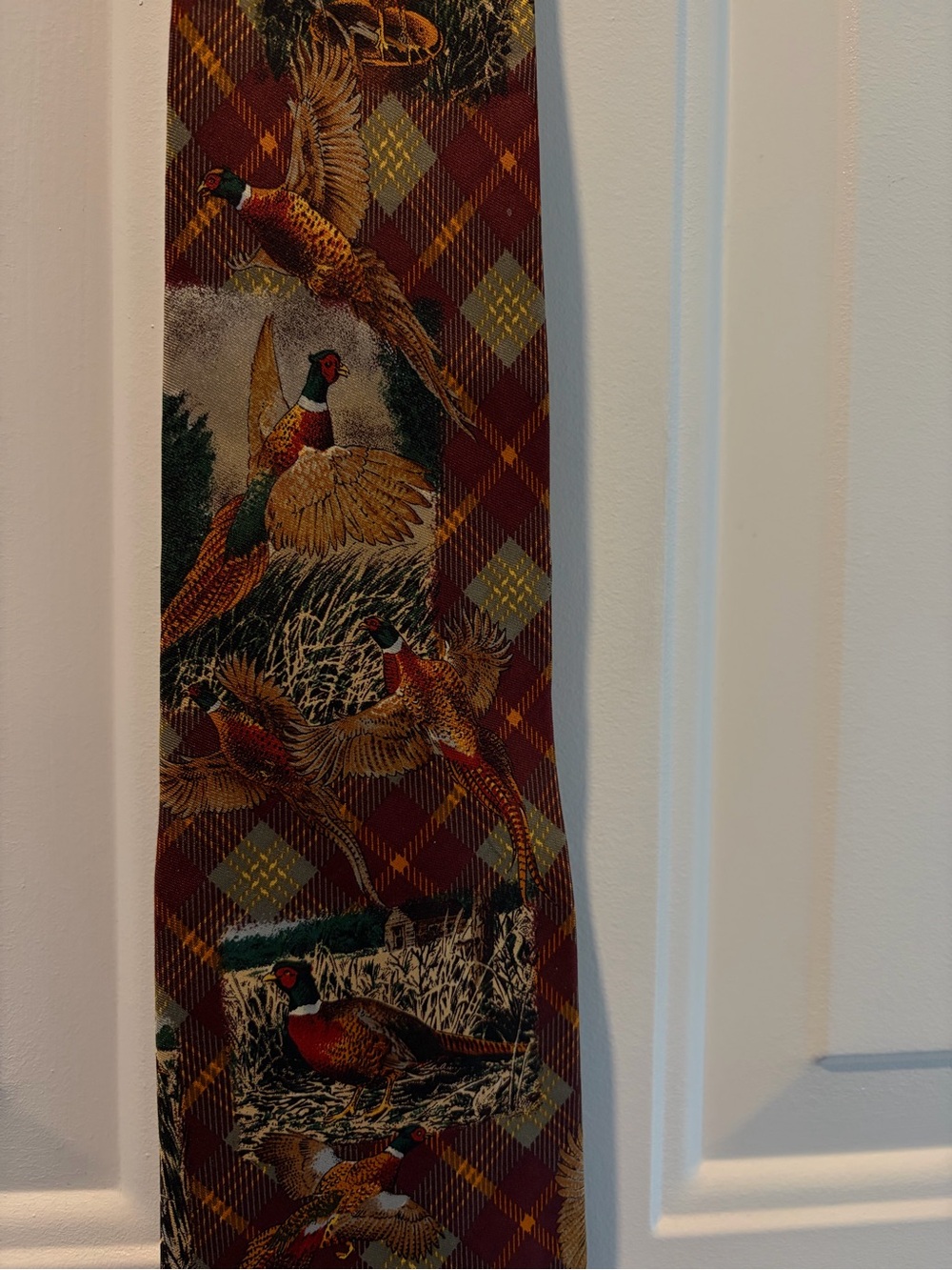 Lands' End Pheasant Print Maroon & Green Plaid Print Tie